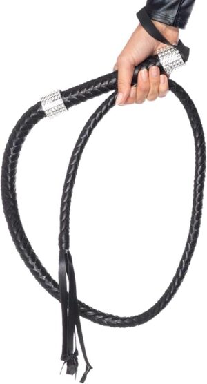 Leg Avenue Faux Leather 54" Braided Whip - Rhinestone Handle