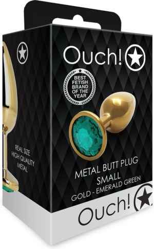 Ouch! Metal Butt Plug - Small - Gold with Emerald Gem