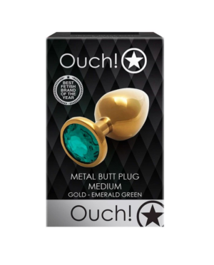 Ouch! Metal Butt Plug - Medium - Gold with Emerald Gem