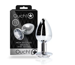 Ouch! Metal Butt Plug – Medium - Silver with Diamond Gem